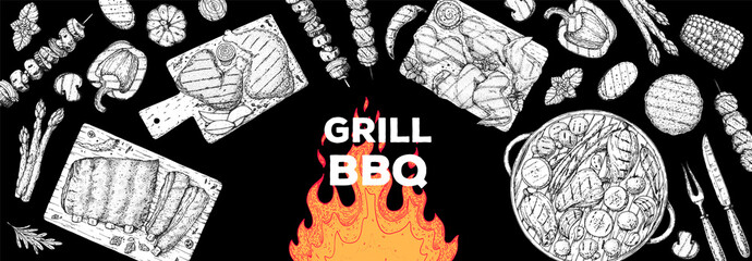 Bbq grill food sketch. Menu design template. Grilled meat and vegetables frame. Vector illustration. Engraved design. Hand drawn illustration.