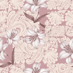 Seamless pattern with a pink openwork and watercolor flowers lily on pink background.
