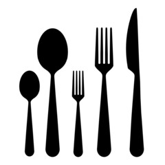Fork, spoon and knife, symbol for menu or restaurant, black icons isolated on white background