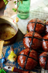 chocolate orange hot cross buns.traditional easter pastries.