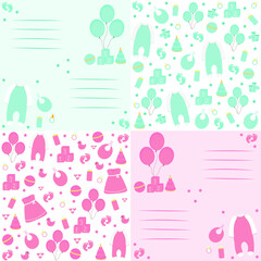 Set of decoration for baby shower. New born baby stuff. Vector illustration of baby's toys, clothes and food. Baby postcards
