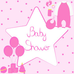 Post card of baby shower for newborn girl. Invitation. Celebration. pink vector illustration