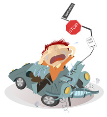 Road accident and sobbing man in the crashed car illustration. Upset crying man and car rams into the road signs isolated illustration