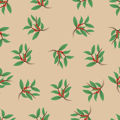 pattern branch with red berries on a beige background