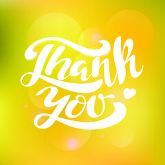 Fototapeta na wymiar Thank you, white hand lettering with a heart on yellow shining background with sparkles. Blur effect. Vector illustration is for printing banner card invitation t-shirt notebook poster sticker. 