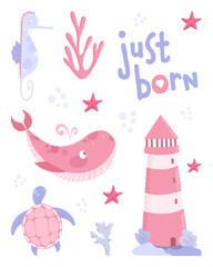 Vector hand-drawn colored childish  simple flat postcard with whales in scandinavian style. Cute baby animals. Pattern for kids with whales. Sea. Ocean.