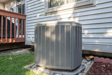 residential air conditioner has new condenser installed - obrazy, fototapety, plakaty