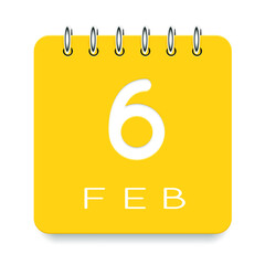 06 day of the month. February. Cute yellow calendar daily icon. Date day week Sunday, Monday, Tuesday, Wednesday, Thursday, Friday, Saturday. Cut paper. White background. Vector illustration.