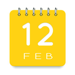 12 day of the month. February. Cute yellow calendar daily icon. Date day week Sunday, Monday, Tuesday, Wednesday, Thursday, Friday, Saturday. Cut paper. White background. Vector illustration.