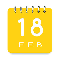 18 day of the month. February. Cute yellow calendar daily icon. Date day week Sunday, Monday, Tuesday, Wednesday, Thursday, Friday, Saturday. Cut paper. White background. Vector illustration.