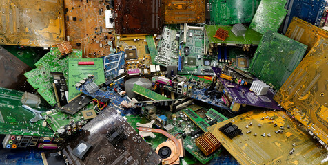 Electronic printed circuit boards in an electronics dump.