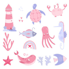 Vector set of animals and elements. 
Hand-drawn colored children’s set with cute-style water inhabitants on a white background. Cute baby animals. Whale, crab, turtle, octopus, turtle, coral