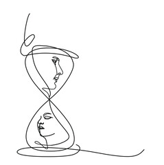 continuous drawing of one line of a man and a woman with an hourglass. The concept of loss, frustration and time does not heal
