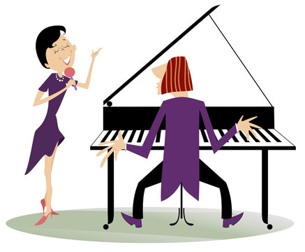 Couple musicians, singer woman and pianist man isolated illustration. Expressive duet of woman with a microphone and pianist man isolated on white illustration