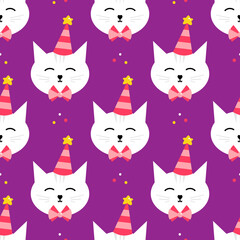 Cute and happy white cat wearing pink party hat and bow vector seamless pattern background for party and celebration design.
