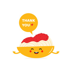 Cute happy spaghetti dish with tomato sauce character with speech bubble saying thank you, showing appreciation.