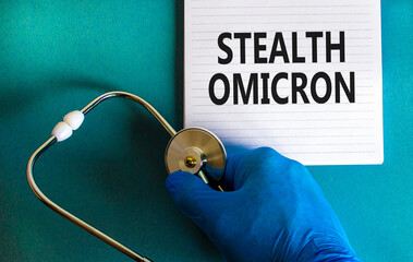 New covid-19 stealth omicron variant symbol. Hand in blue glove with white note. Concept words...