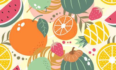 seamless pattern  fruits, Orange, coconut, Watermelon, Pomelo, Strawberry, Pineapple, Lemon and leaf 