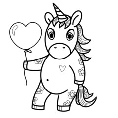 Cartoon character, cute unicorn with a heart and a balloon, monochrome illustration