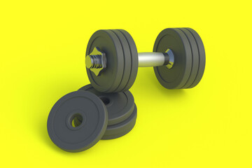 Obraz na płótnie Canvas Dumbbell with heavy plates. Sports equipment. 3d render