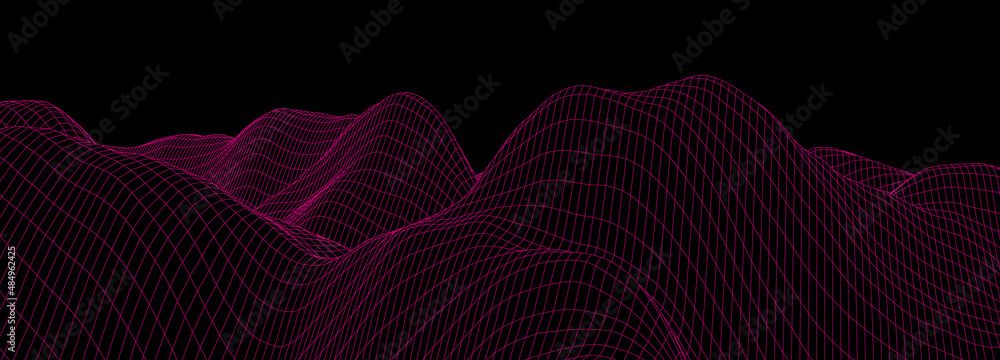 Poster vector wireframe 3d landscape. technology grid illustration. network of connected dots and lines. fu