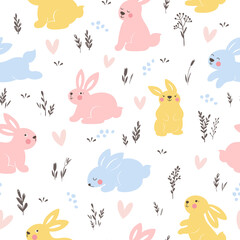 Seamless pattern with bunnies and plants in spring colors. Easter vector background.