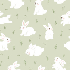 Seamless pattern with bunnies and plants on green background. Easter vector print.