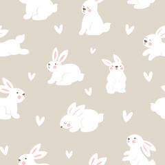 Seamless pattern with bunnies and hearts on grey background. Easter vector print.