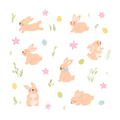 Easter bunnies. Easter eggs decorated with dots and stripes. Cute cartoon style. - 484963461