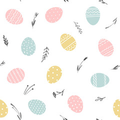 Easter seamless pattern in pastel spring colors.  Background with easter eggs and plants.
