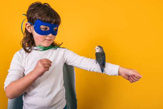 Kid in superhero clothes with parrot