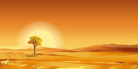 Sunset orange sky,Autumn rural landscape in farm fields with  grass land on mountain, VectorCartoon fall season in countryside on white background for text,Beautiful natural for thanksgiving banner © Anchalee