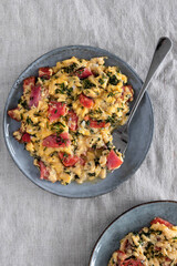 Scramble with egg and red fish. Healthy breakfast.