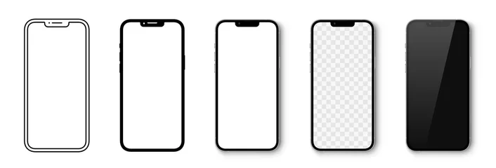 Foto op Plexiglas Realistische modellen smartphone met transparante schermen. Smartphone mockup-collectie. Vooraanzicht van het apparaat. 3D mobiele telefoon met schaduw op witte achtergrond. Realistisch, plat en lijnstijl - voorraad vector. © Comauthor