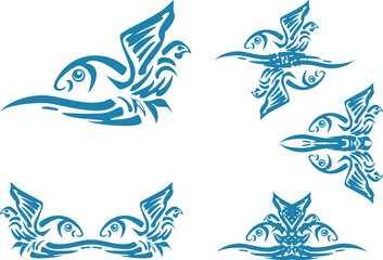Fish symbols with a wave and bird elements in blue-white tones for your design. Double fish symbols for business concepts, web icons, prints, logos, embroidery, restaurant menu, tattoo, textiles, etc.