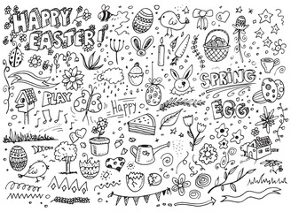 Happy easter hand drawn doodles on white paper
