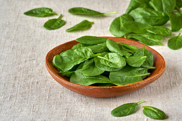 Fresh spinach leaves in a wooden plate on linen tablecloth. Closeup