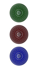 Circular pattern in form of mandala for decoration, henna in silver metal and dark green, dark blue and dark red colors. emerald colors, ornament style. Coloring book page. Mandala vector illustration