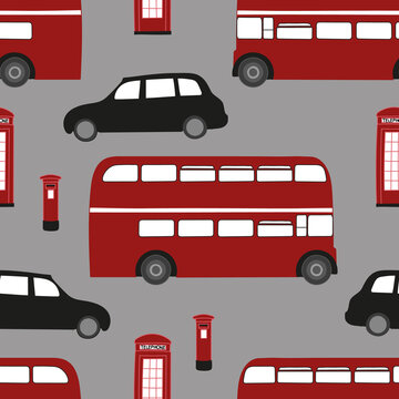 Vector grey London busy street seamless pattern background. Ideal for travelling gifts and souvenirs. Perfect for fabric, wallpaper, wrapping, scrapbooking and stationery. Surface pattern design.