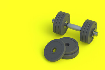 Obraz na płótnie Canvas Dumbbell with heavy plates. Sports equipment. Copy space. 3d render