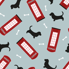 Vector grey London dog and bone seamless pattern background. Ideal for travelling gifts and souvenirs. Perfect for fabric, wallpaper, wrapping, scrapbooking and stationery. Surface pattern design.