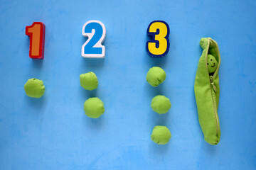 teaching children to count a game with numbers and do-it-yourself sewn peas