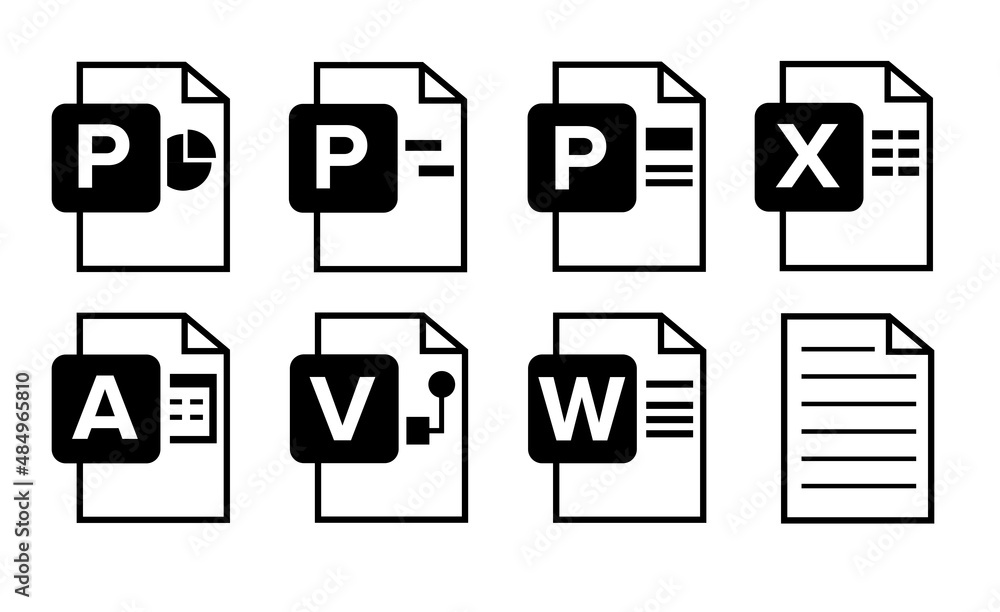 Poster Set of Document File Formats and Labels icons. Vector illustration. Line icon.