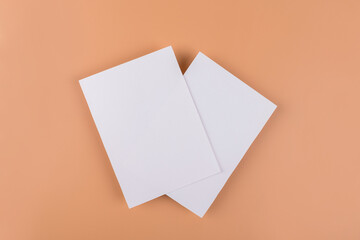 Card mockup of two empty white 5x7 card invitations on beige or terracotta nude background. Minimal simple functional background design with neutral colors
