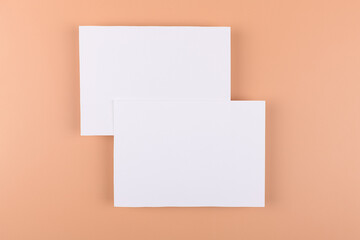 Card mockup of two empty white 5x7 card invitations on beige or terracotta nude background. Minimal...