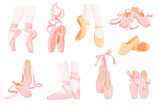Collection elegant feminine ballet flats with ribbons vector flat illustration ballerina shoes