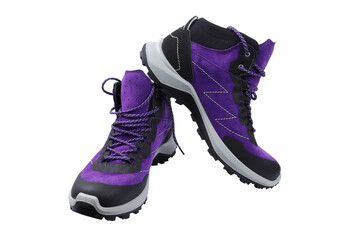 Men's winter boots with laces on a white background. Purple shoes made of rubber and suede close-up. Bright modern stylish footwear for the winter period.