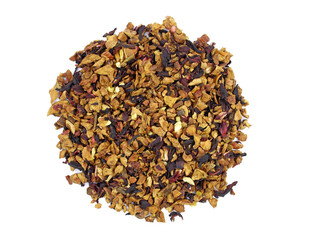 Pile of aromatic dry herbal tea with fruits on white. Mixture herbal floral fruit tea with petals, dry berries and fruits. a pile of arabian fruit tea top view.