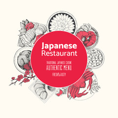 Japanese food design template. Asian cuisine vector illustration. Menu label with authentic dishes. Japanese food engraved design template.
