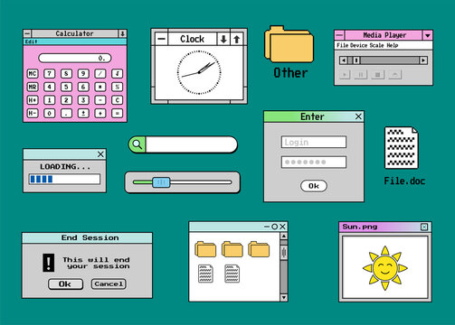 Retro vaporwave desktop collection vector illustration message boxes and user interface elements
